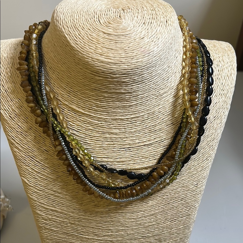 Earth tone plastic multi strand beaded necklace festival boho casual